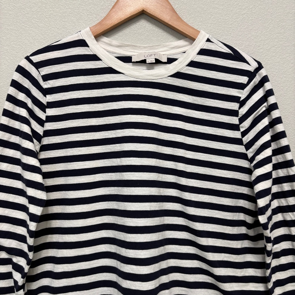 LOFT Navy White Striped 100% Cotton Long Sleeve Tee XL Classic
